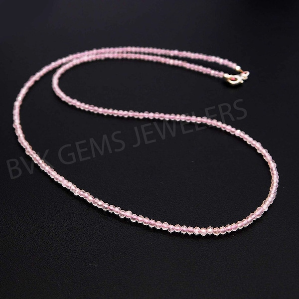 Natural Rose Quartz Beads Necklace, Finest Quality Rose Quartz 2mm Gemstone Round Beads, Faceted Pink Rose Quartz Jewelry Choker Necklace
