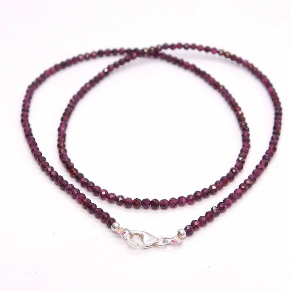 Natural Rhodolite Garnet Beaded Necklace, 2mm Rhodolite Garnet Micro Faceted Bead Necklace. Pretty Red Beads Women' Necklace, Gift For Mom