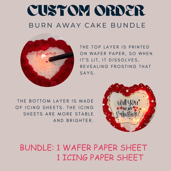 Custom BURNawayCAKE Bundle Cake Topper, Icing sheets, Wafer Paper, Burn-Away Cake, Edible Cake Topper, TikTok cake