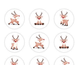 12 Christmas Reindeers Cupcake Toppers, Christmas decoration, Chocolate Transfer Sheets, Icing sheets,  Wafer Paper, Edible Christmas Topper