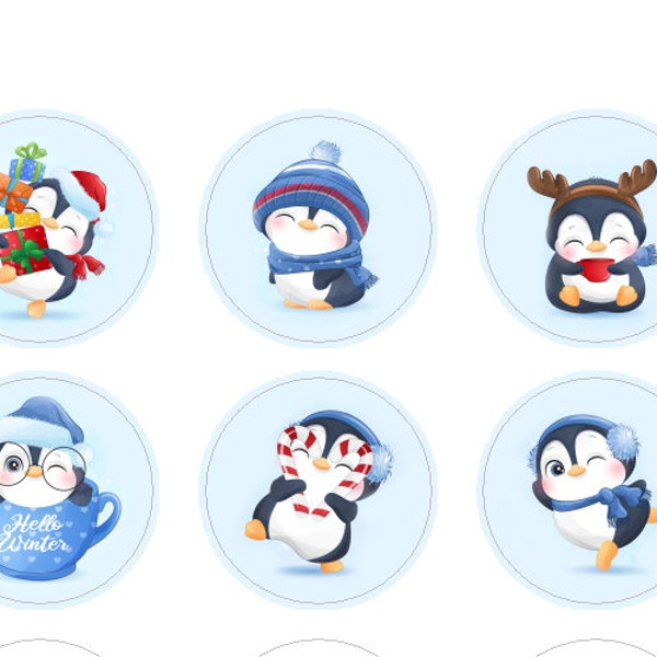 Edible Penguins for Cupcake Toppers, Christmas decoration, Chocolate Transfer Sheets, Icing sheets,  Wafer Paper, Edible Christmas Topper