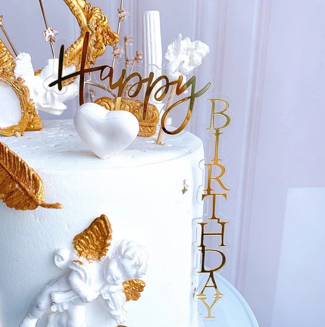 Happy Birthday Cake Topper Gold White Black Plastic Cake | Etsy