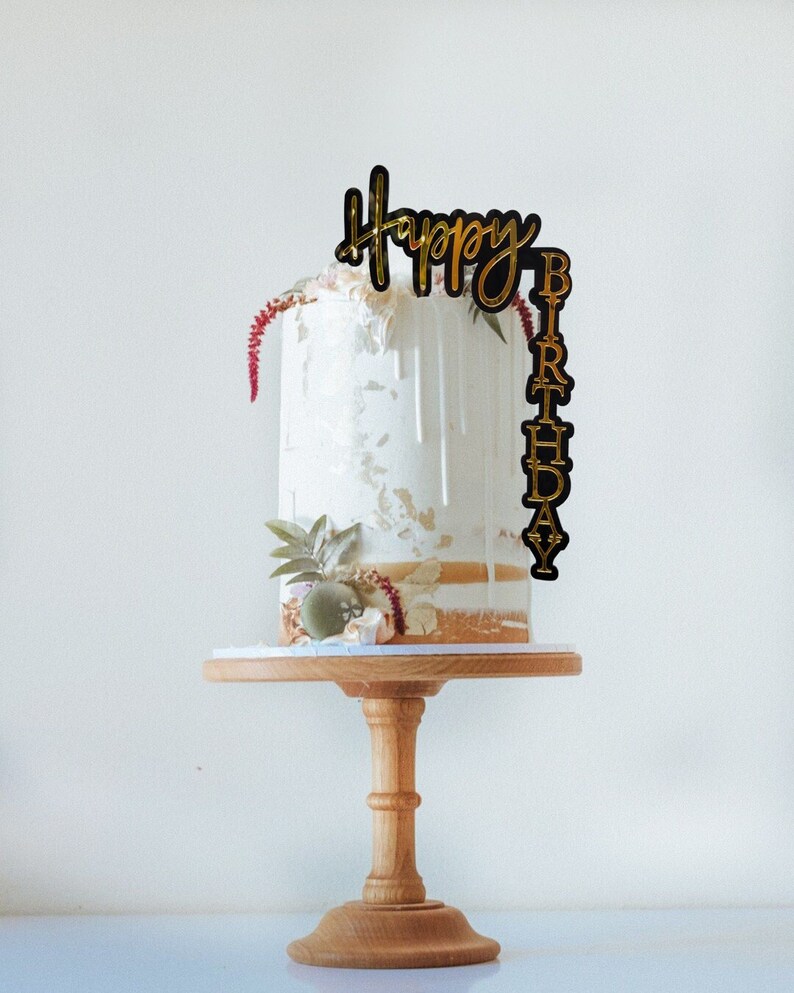 Happy Birthday Cake Topper Gold White Black Plastic Cake | Etsy