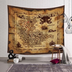 Tapiz de mapa del tesoro, tapiz de mapa de la isla, tapiz de mandala para colgar en la pared, colcha india, manta de picnic, arte de pared, tapiz hippie