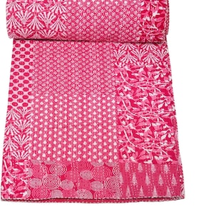 Red Color Vintage Indian Handmade Hand Stitched Pure Cotton Kantha Quilt Throw Blanket Bedspread Kantha Quilt Twin, Queen, King Kantha Quilt