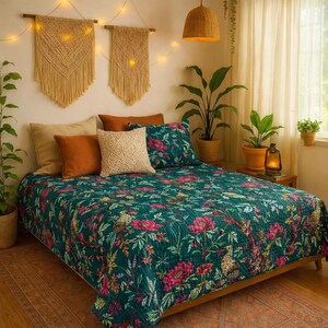 Kantha Quilt Indian Handarbeit Vintage Jäger Grün Traditionelle genähte Reine Baumwolle Boho Vogel Print Tröster Twin Königin König Decke