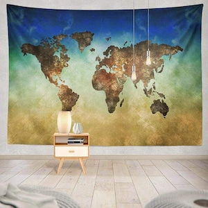 Wereldkaart plat VS Afrika Amerika Azië Australië blauwe randen Canada cirkel wandtapijt muur opknoping Indiase wandtapijten kunst kleurrijk wandtapijt