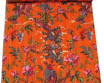 Orange Color Vintage Indian Handmade Traditional Stitched Pure Cotton Bohemian Bird Print Kantha Quilt Comforter Twin,Queen, King Size Quilt