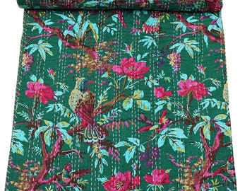 Hunter Green Vintage Indian Handmade Traditional Stitched Pure Cotton Bohemian Bird Print Kantha Quilt Comforter Twin,Queen, King Size Quilt
