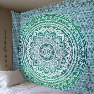 Tapiz verde degradado, tapiz de mandala para ropa de cama, tapiz de mandala indio multicolor, arte de pared bohemio hippie, tapiz de colcha bohemio