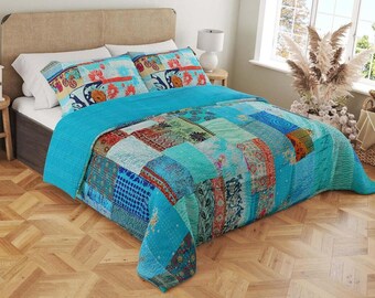 Kantha Quilt Indian Handmade Vintage Sky Reversible Silk Sari Patchwork Comforter with Pillow Cover Printed Queen, King Bedspread Blanket