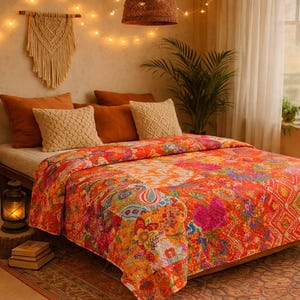 Peut inclure: Une courtepointe patchwork aux tons orange vif et multicolores ornée de motifs floraux et géométriques complexes. Elle recouvre un lit agrémenté de deux oreillers orange unis et de deux coussins carrés texturés couleur crème.