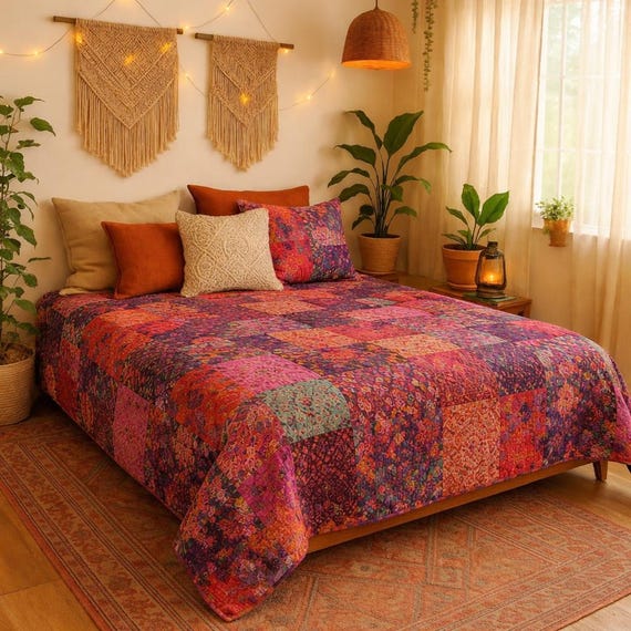 Edredón Kantha Con Estampado Floral Y Cachemira: Colcha Bohemia Tamaño King - España