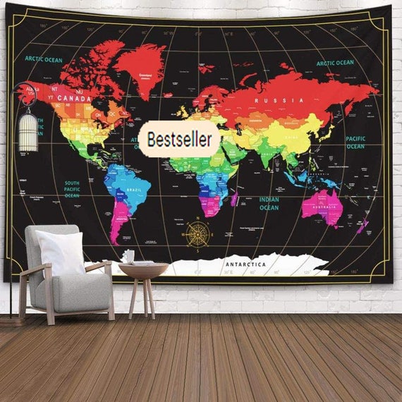 Art Hippie World Map Print Tapestry Room Wall Hanging Psychedlic Throw Tapestry 