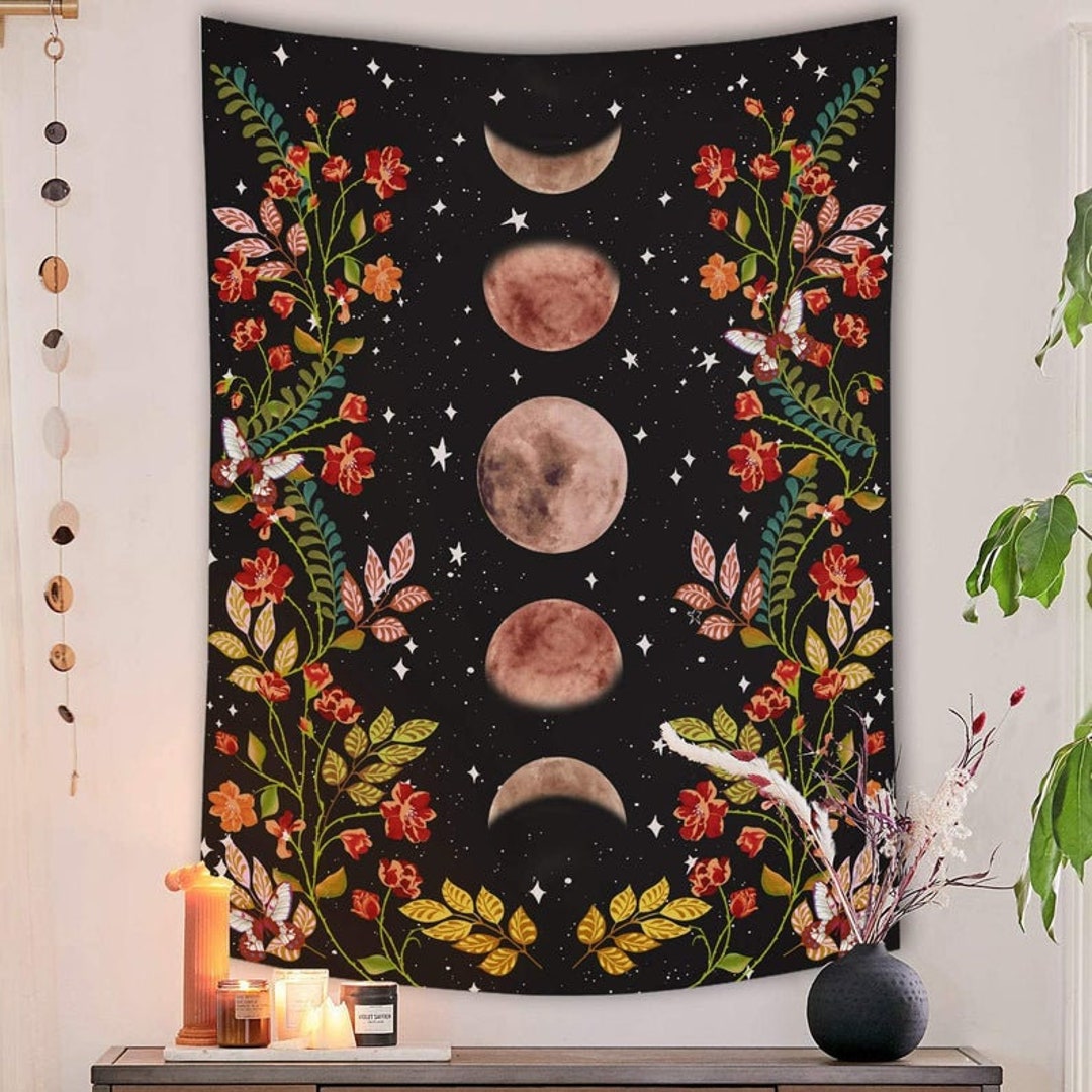 Moonlit Garden Tapestry Moon Phase Surrounded by Vines and Flowers ...