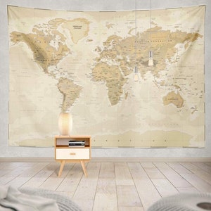 Carte du monde vintage Asie Europe Ville du Sud Topographie Amérique Afrique Japon Tapisserie Tapisseries suspendues Décoration murale pour dortoir mural