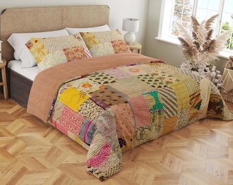 Kantha Quilt Indian Handmade Reversible Silk Patchwork Vintage Comforter with Pillow Cover Queen King Bedspread Blanket Boho Decor EthnicArt