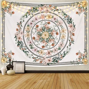 Tapiz de medallón floral, tapiz indio esbozado, tapiz de mandala para colgar en la pared, tapiz bohemio hippie para habitación, tapiz de flores y plantas