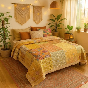 Handmade Indian Kantha Quilt Vintage Yellow Patchwork Blanket Khambadiya Hand Jari Embroidery Twin Queen King Boho Throw Reversible Bedding