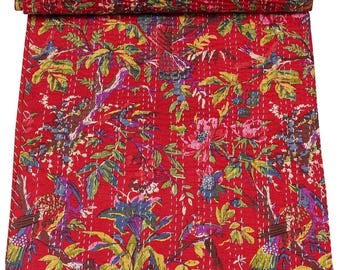 Red Color Vintage Indian Handmade Traditional Stitched Pure Cotton Bohemian Bird Print Kantha Quilt Comforter Twin, Queen, King Size Quilt