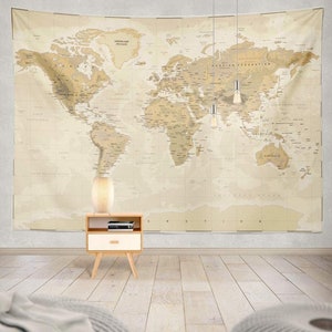 Carte du monde vintage Asie Europe Ville du Sud Topographie Amérique Afrique Japon Tapisseries suspendues Décoration murale indienne pour dortoir mural