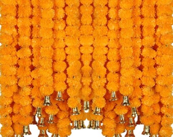 5 Piece 4.5 Feet Long Strands Mango Color Artificial Indian Marigold Flowers with Bell Garland for Diwali Christmas Wedding Décor Garland