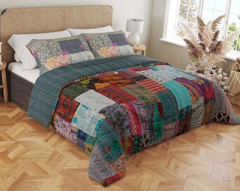 Kantha Quilt Indian Handmade Vintage Grey Reversible Silk Sari Patchwork Comforter with Pillow Cover Printed Queen, King Bedspread Blanket