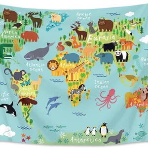 世界地図動物タペストリー 子供用タペストリー インド風壁掛けタペストリー 漫画世界動物分布地図 壁ブランケット 子供用リビングルーム用
