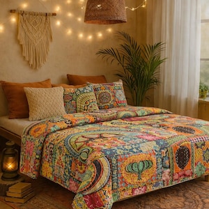 Handmade Indian Kantha Quilt Vintage Multicolor Paisley Patchwork Pure Cotton Bedspread Blanket Twin Queen King Boho Home Decor Gift Bedding