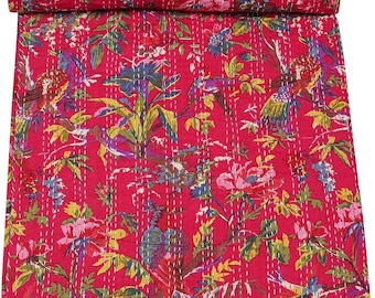 Pink Color Vintage Indian Handmade Traditional Stitched Pure Cotton Bohemian Bird Print Kantha Quilt Comforter Twin, Queen, King Size Quilt