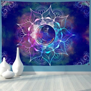 Indischer Tapisserie Mandala Blauer Sternenhimmel Mond Tapisserie Psychedelic Wandbehang Boho Tapisserie Mandala Floral Tapisserie Schlafzimmer Wohnheim Dekor