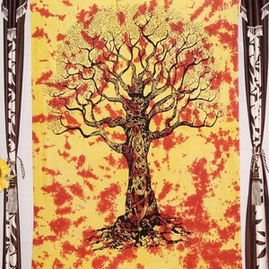 Tapiz de árbol de la vida amarillo para colgar en la pared, tapices de mandala, colcha de algodón indio, sábana de picnic, manta, arte de pared, tapiz bohemio hippie