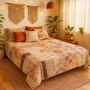 Edredón Kantha indio hecho a mano, vintage, beige, Khambadiya, trabajo manual, Jari, patchwork, bordado, manta, tamaño individual, Queen, King, decoración del hogar, estilo bohemio.
