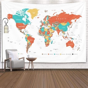 Carte du monde colorée Tapisserie Camping Carte du monde murale Tapisserie indienne Art Décorations murales pour salon Décoration murale Chambre Chance Dortoir Décor