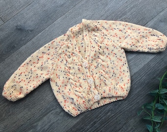 3-6 months Personalised hand knitted baby cardigan Blue patterned wool