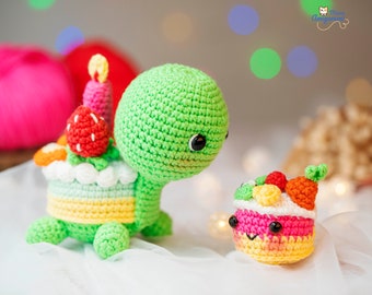 PDF Amigurumi patroon Nederlands: Geboortedag Taart Schildpad - Schattig Gehaakt Schildpad Patroon - Kawaii Gehaakt Voedsel Patroon - Amigurumi Taart Patroon