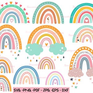 Boho Rainbow SVG Bundle - 12 Rainbows svg coupe fichier | fichier svg arc-en-ciel pastel, téléchargement numérique instantané arc-en-ciel bébé png, fille de décor de pépinière
