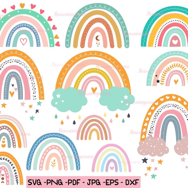 Boho Rainbow SVG Bundle - 12 Rainbows svg cut file | pastel rainbow svg file, Instant digital download rainbow baby png, nursery decor girl