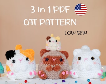 Low sew - 3in1 Cat Crochet Patterns (PDF), Cute Cat Crochet Pattern, Amigurumi Cat Pattern, Crochet Kitty, Siamese, Calico, Loaf Cat Crochet