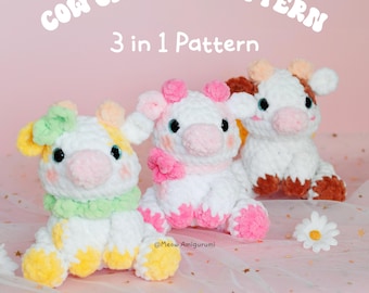 May include: Three crocheted cow plushies in white, with colorful accents of pink, yellow, green, and brown. The image includes the text "COW CROCHET PATTERN" and "3 in 1 Pattern" above the plushies, and "Instant Downloads" below.
