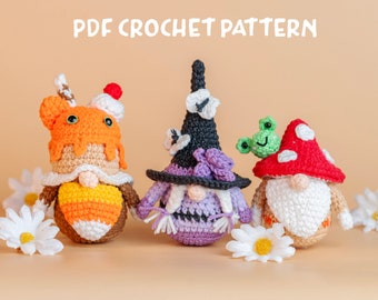 Crochet Gnome Pattern (PDF): 3 Halloween Gnome Amigurumi Pattern, gnome candy corn, witch gnome, mushroom gnome, autumn gnome, crochet gnome