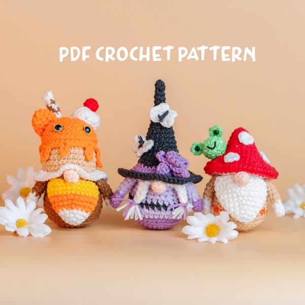 Häkelanleitung (PDF): 3 Halloween Wichtel Amigurumi Häkelanleitung, Gnom Candy corn, Hexenzwerg, Pilzzwerg, Herbstzwerg, Häkelwichtel