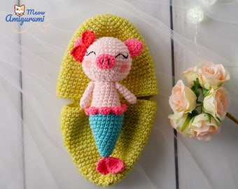 PDF crochet pattern (English) : Hebe the merpiggy with surprise egg - Amigurumi doll pdf-crochet pig-amigurumi pig mermaid-crochet mermaid.