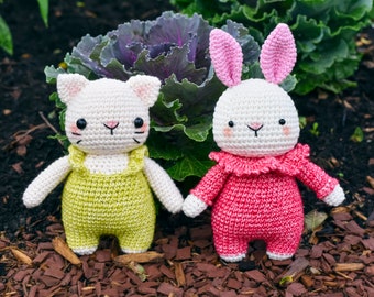 PDF crochet pattern:Jade baby bunny and Jen baby cat- Amigurmi pattern-Amigurumi tuto-Crochet doll pattern-Amigurumi cat pdf-patron francais