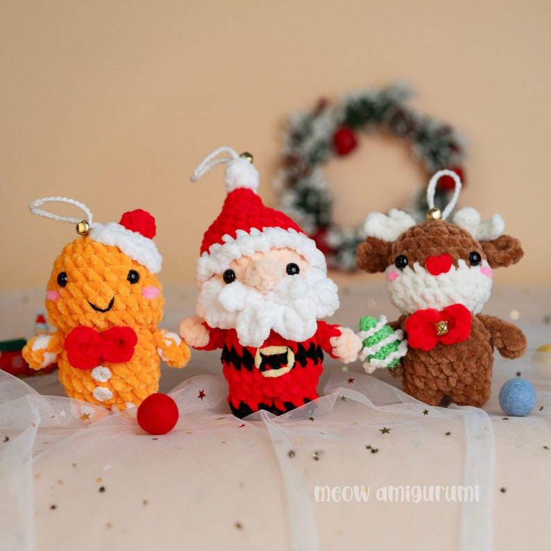 Christmas Ornament Pattern Set PDF : Crochet Santa Ornament, crochet gingerbread man , crochet reindeer, crochet ornament, christmas deco image 2