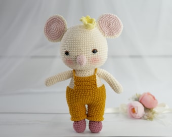 PDF crochet pattern: Ciara the princess mouse with dungarees ( 9 inch tall)-Amigurumi doll pdf-Crochet doll Pattern-Amigurumi animal
