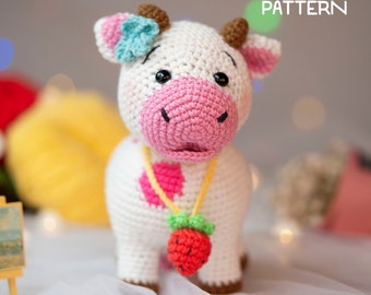 PDF Crochet Pattern Cow: Straberry cow amigurumi pattern (English), cow tutorial, cow pattern, cow doll, crocheted cow pattern