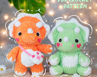 2 Crochet Dinosaur Patterns (PDF - English), Triceratops Amigurumi Pattern For Beginner,  Dinosaur chenille yarn, amigurumi pattern