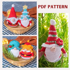 Pode incluir: Quatro enfeites de gnomo de crochê, dois em uma cesta e dois em um galho de árvore verde. Os gnomos estão vestidos de vermelho, branco e verde com barbas brancas. Os enfeites são etiquetados como "PDF PATTERN".