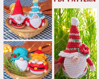 May include: Four crocheted gnome ornaments, two in a basket and two on a green tree branch. The gnomes are dressed in red, white, and green with white beards. The ornaments are labeled "PDF PATTERN".